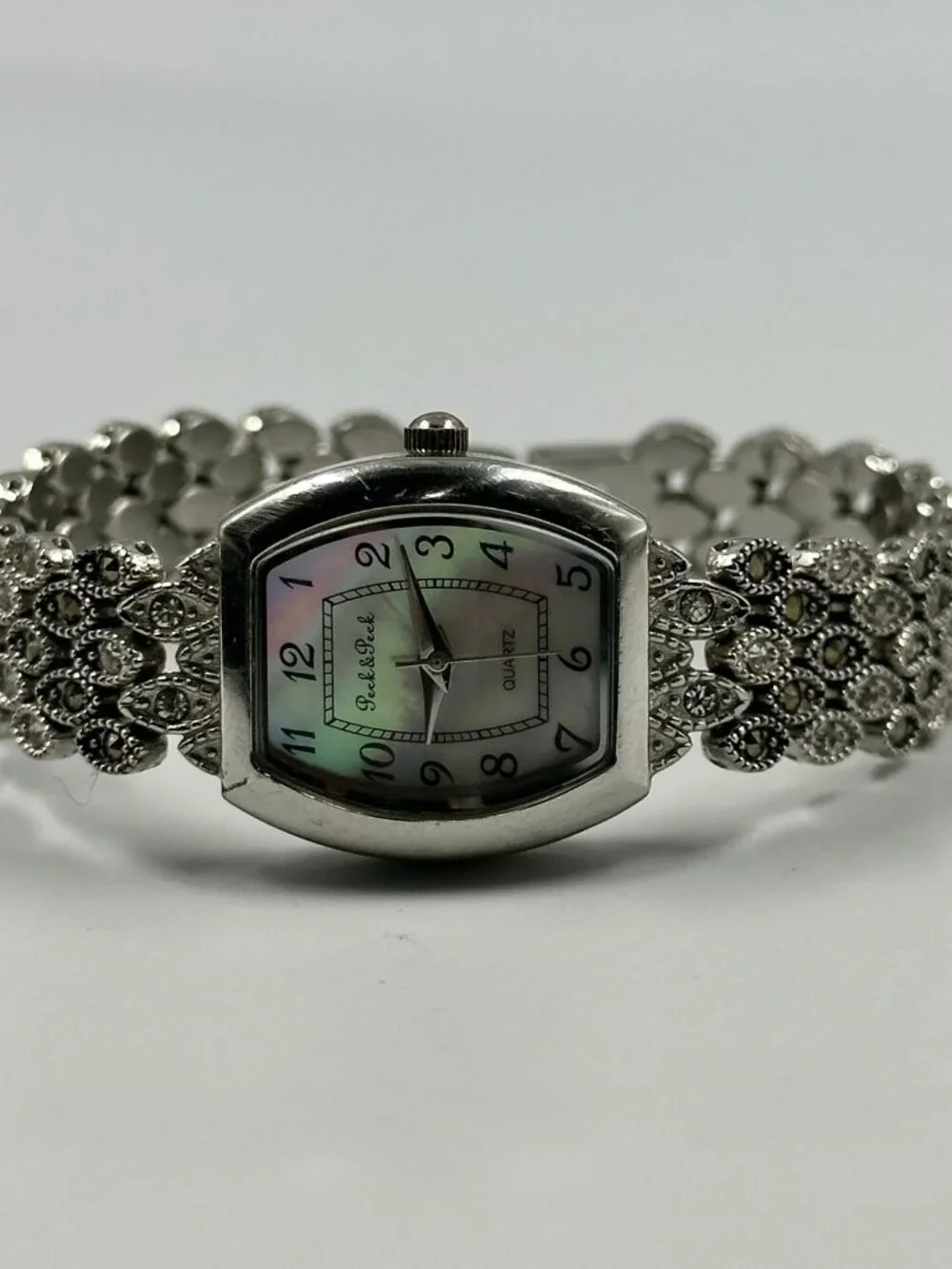 Peck & Peck Watch Silver Tone Marcasite Band MOP Dial New Battery 7 Inch